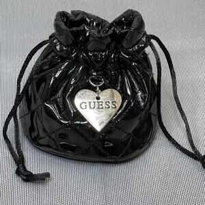 Guess Gift Pouch Black Vinyl Quilted Drawstring Watch Holder Cosmetic Mini Bag